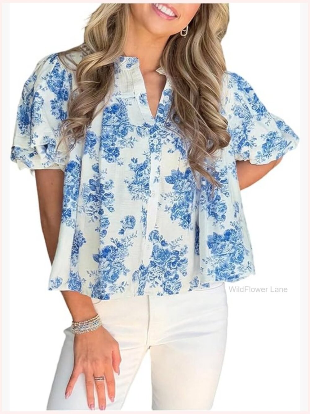 Floral Button Down Shirt Ruffle Sleeve Boho Blouse Dressy Casual Top - Picture 1 of 5